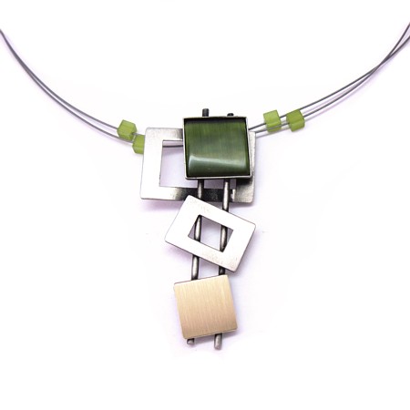 Long Two-tone Brushed Green Catsite 3-Square Necklace - Click Image to Close